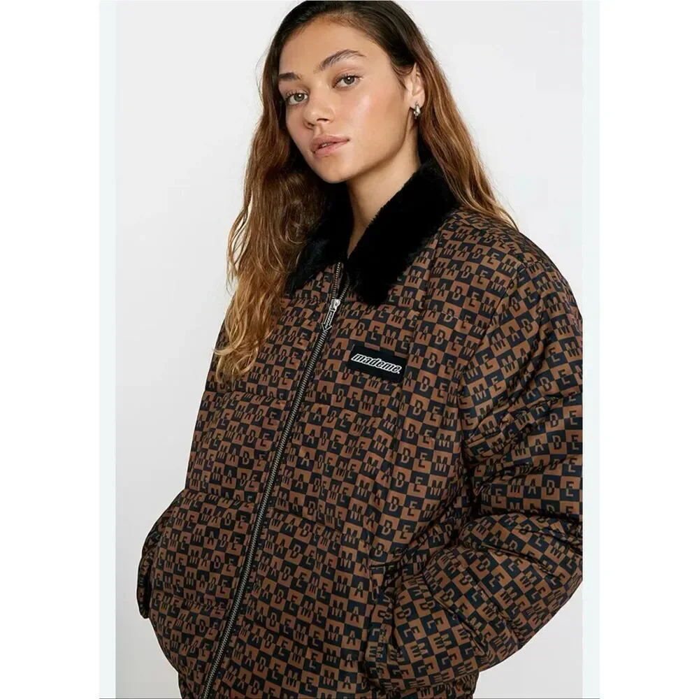 MadeMe Faux Fur Collar Puffer Jacket Brown and Black Size Medium New